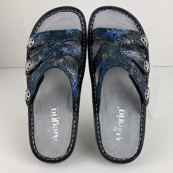 Size EU 38 Alegria Dinah Leather Slip-On Sandals w/ Strap Details - Deep Sea - Picture 7 of 10